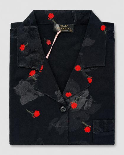 Pyjama Noir à Fleurs Rouges