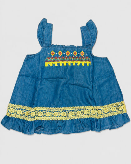 Seconde main – Haut en jean à broderies et dentelle jaune