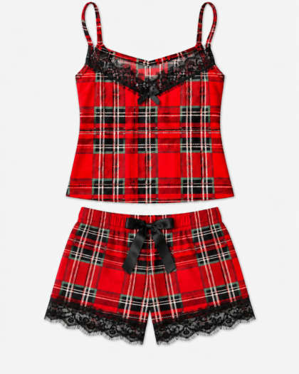 Ensemble Pyjama Tartan Rouge avec Dentelle Noire
