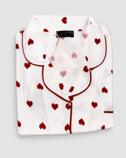 Pyjama Short Blanc à Motifs Cœurs Rouges