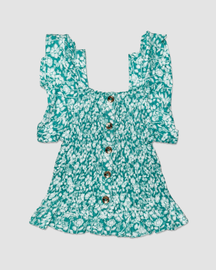 Seconde main – Haut turquoise fleurie à smocks