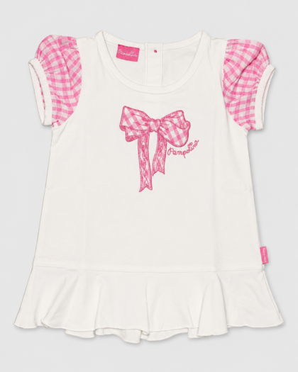 Seconde main – Haut blanc à manches vichy rose et nœud