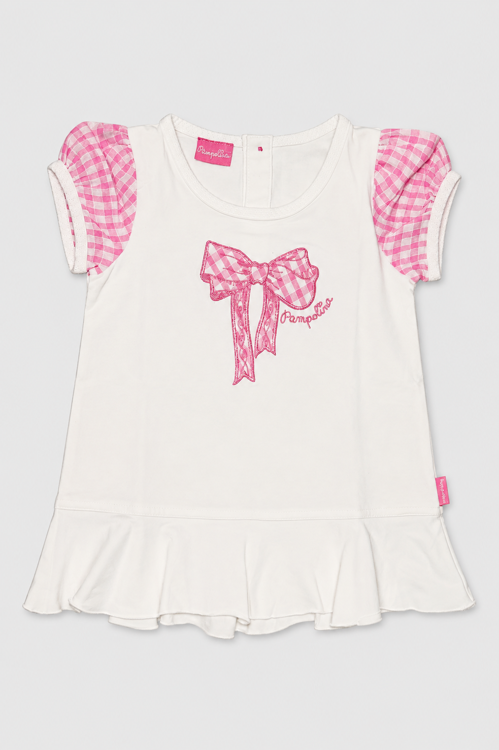 Seconde main – Haut blanc à manches vichy rose et nœud