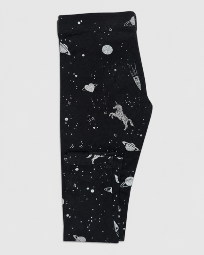 Seconde main – Legging noir espace et licornes argentées