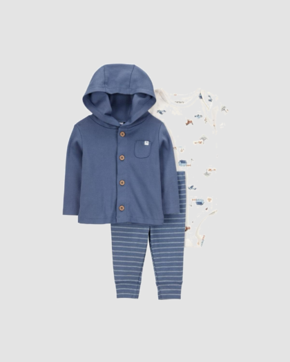 Ensemble bébé garçon Carter’s bleu marine avec gilet à capuche, body et pantalon rayé
