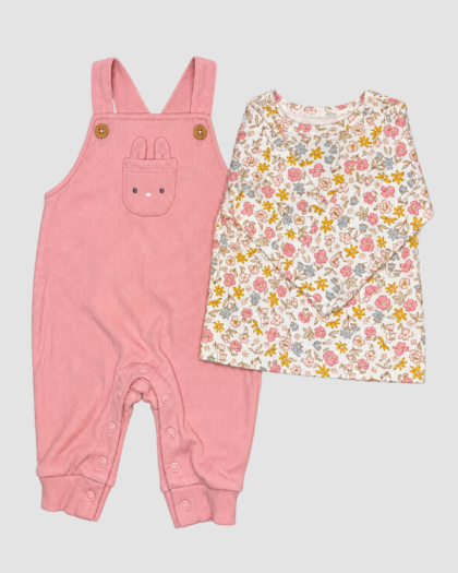 Salopette bébé rose lapin et haut fleuri 2 pièces - Carters (3 mois)