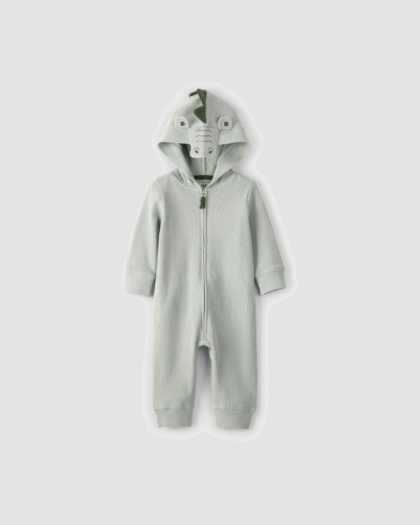 Combinaison bébé vert sauge avec capuche dinosaure et fermeture zippée
