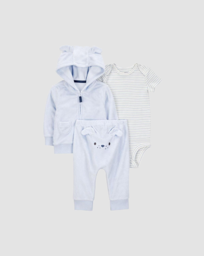 Ensemble bébé bleu clair avec gilet à capuche, body rayé et pantalon
