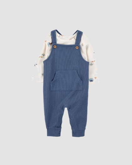 Salopette bleu marine avec body écru imprimé pour bébé