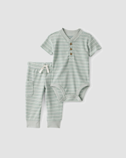 Body polo et pantalon rayés vert sauge pour bébé