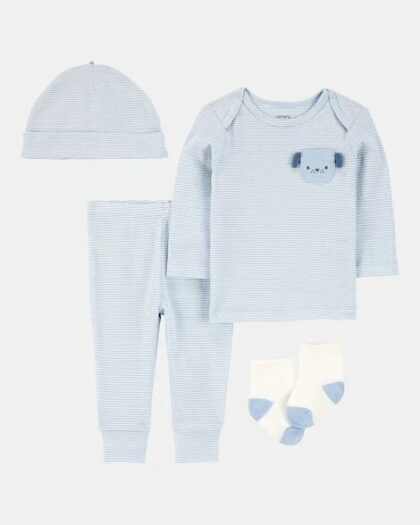 Ensemble bébé Carter’s rayé bleu avec poche chien pantalon bonnet et chaussettes