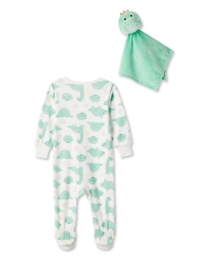 Pyjama bébé motif dinosaures vert menthe avec doudou assorti