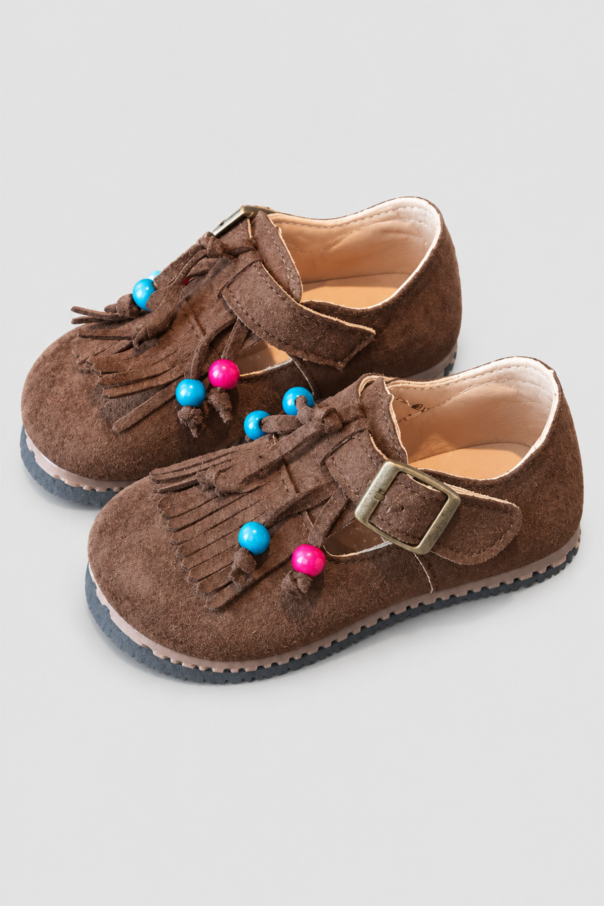 Chaussures enfant à franges et perles – marron