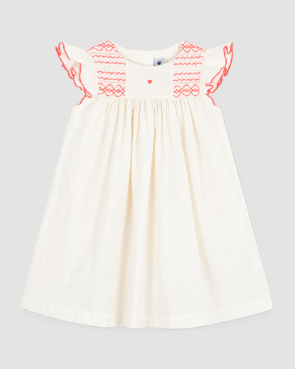 Robe fille écrue à broderies corail - Petit Bateau (6 ans - 10 ans)