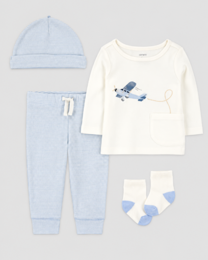 Ensemble bébé garçon avion bleu et écru, bonnet et chaussettes – Carter’s