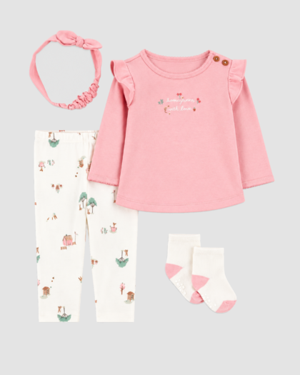Ensemble bébé fille 4 pièces haut rose, pantalon imprimé et accessoires – Carter’s (Naissance) – ensemble complet