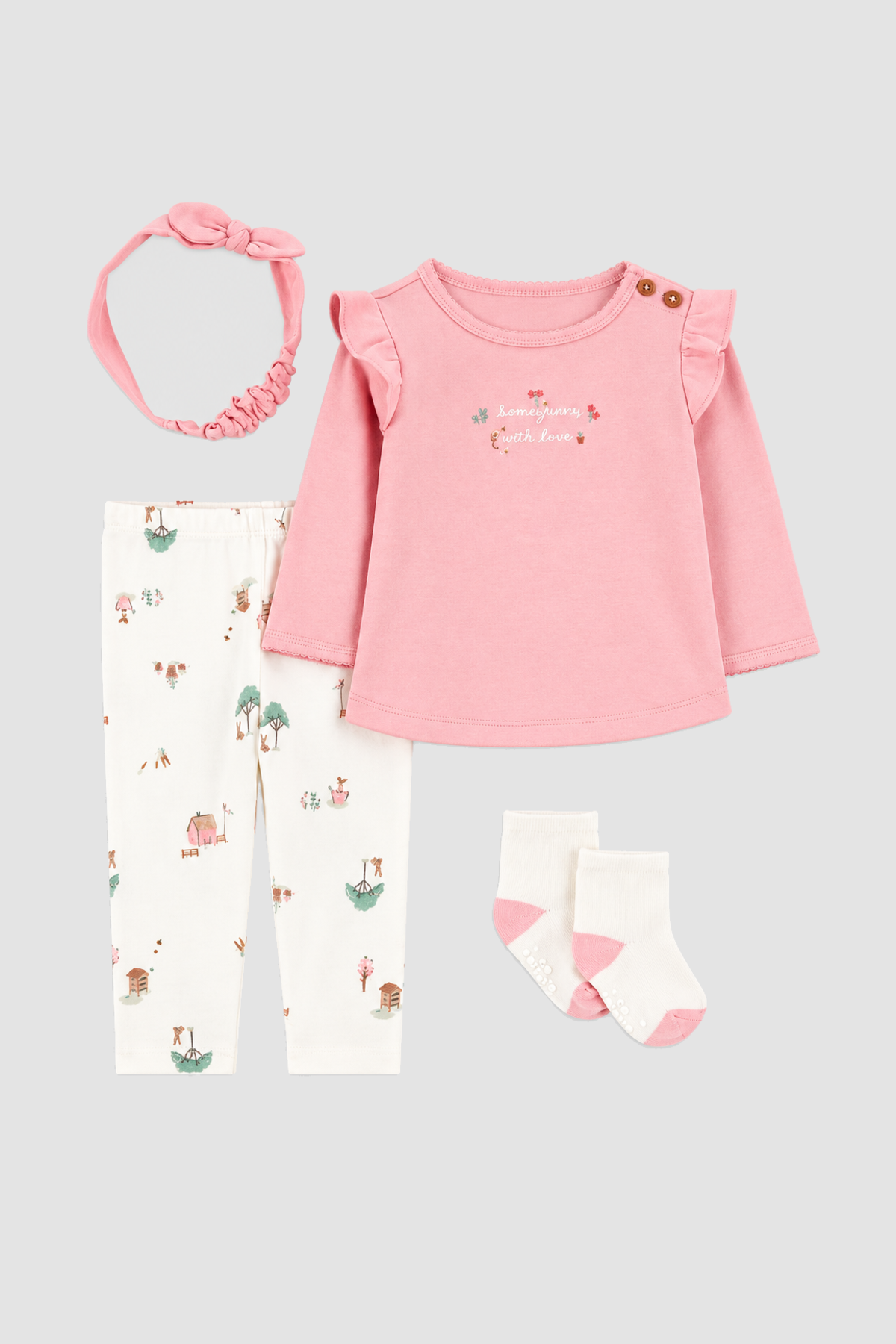Ensemble bébé fille 4 pièces haut rose, pantalon imprimé et accessoires – Carter’s (Naissance) – ensemble complet