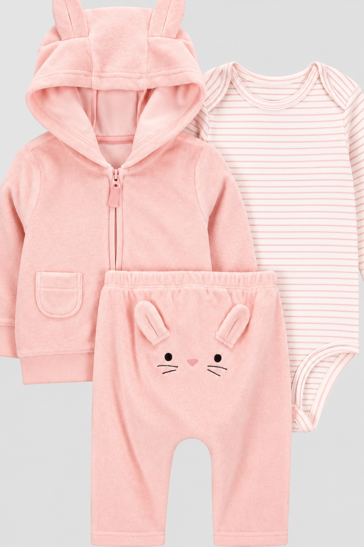 Ensemble bébé fille 3 pièces lapin rose à capuche et body rayé – Carter’s (6 mois) – vue détaillée