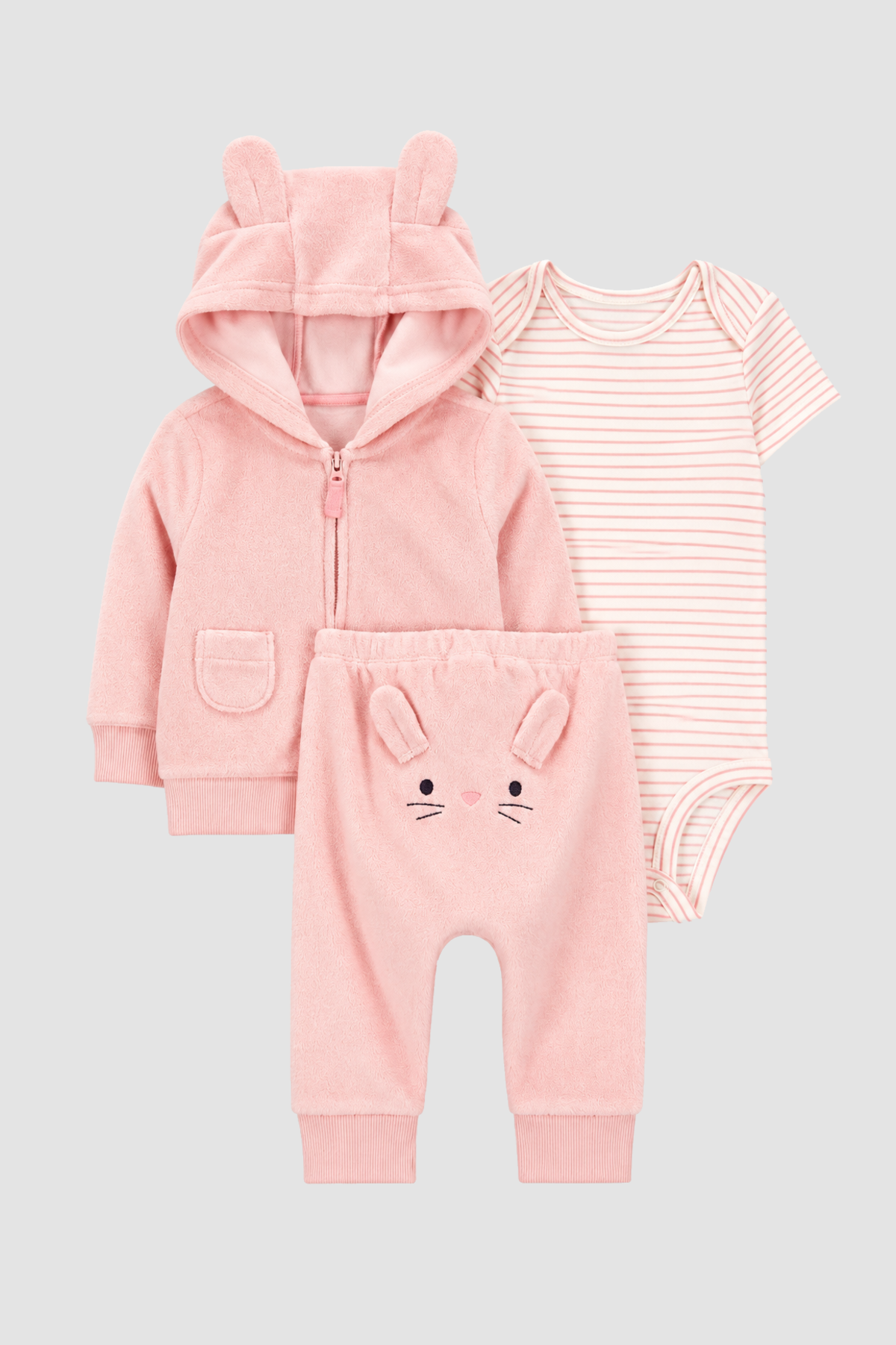 Ensemble bébé fille 3 pièces lapin rose à capuche et body rayé – Carter’s (6 mois) – ensemble complet