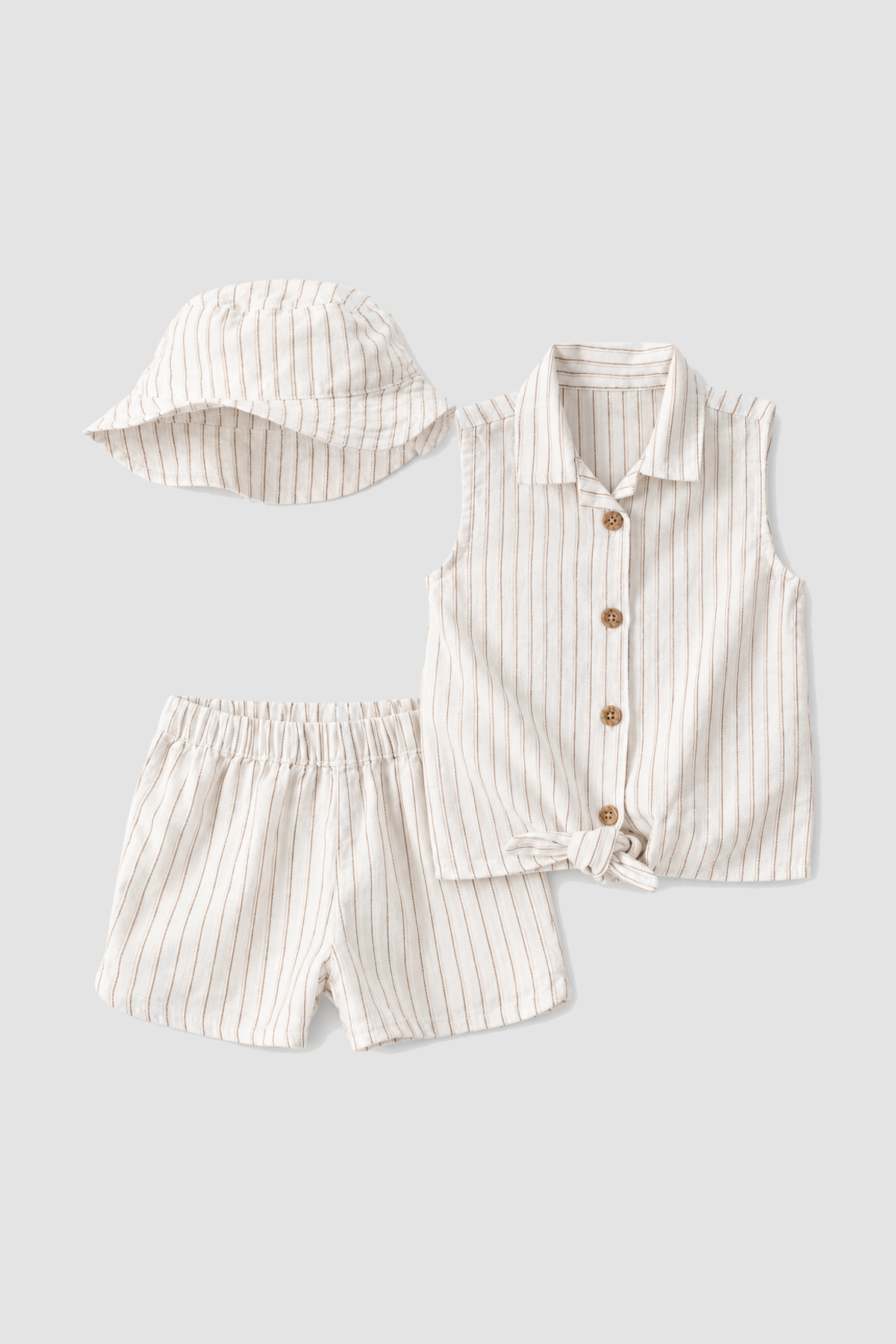 Ensemble bébé fille blouse, short et chapeau à rayures beiges – Carter’s (6 mois) – ensemble complet