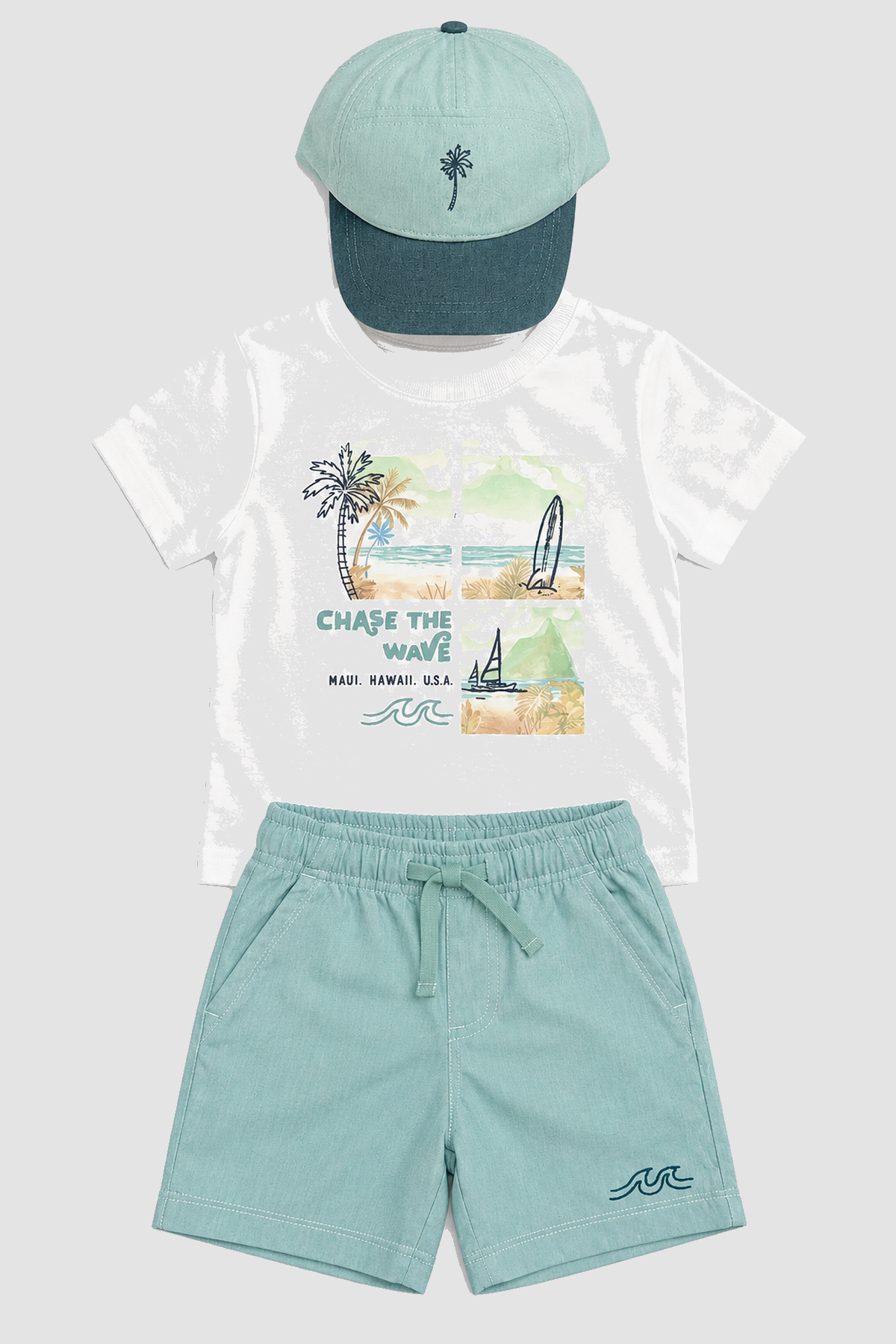 Ensemble garçon 3 pièces plage t-shirt short et casquette – Chase the Wave (2 ans)