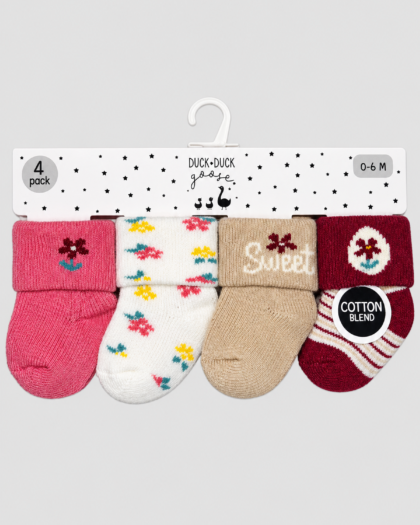 Lot de 4 paires de chaussettes bébé fleurs et rayures roses, écru et bordeaux – Duck Duck Goose (0–6 mois)