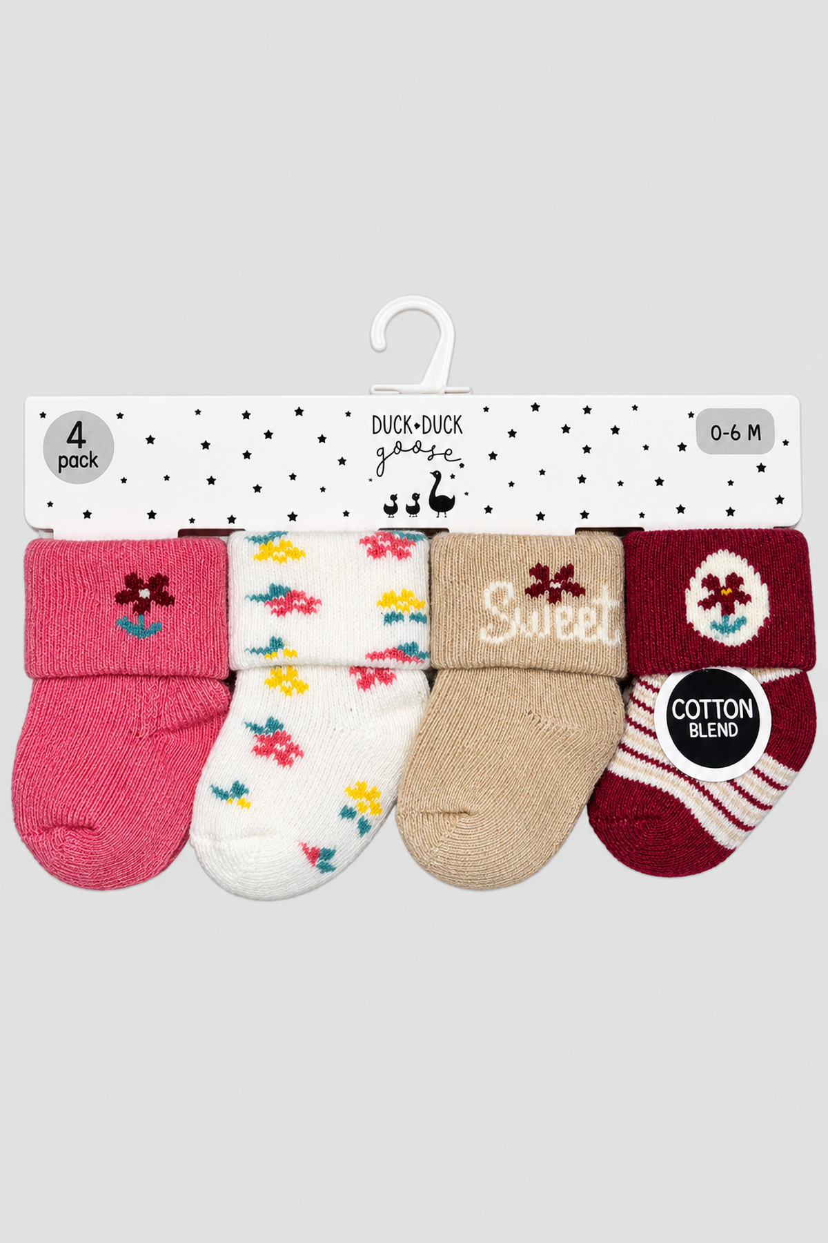 Lot de 4 paires de chaussettes bébé fleurs et rayures roses, écru et bordeaux – Duck Duck Goose (0–6 mois)