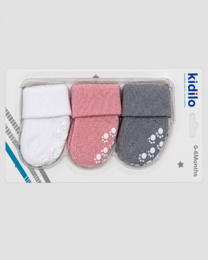Lot de 3 paires de chaussettes bébé blanc, rose et gris à pois – Kidilo (0–6 mois)