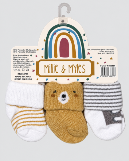 Lot de 3 paires de chaussettes bébé blanc, moutarde et gris à ours et rayures – Millie & Myles