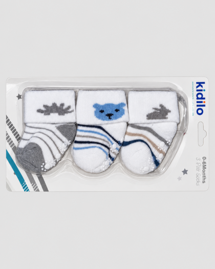 Lot de 3 paires de chaussettes bébé bleu, gris et blanc à motifs animaux – Kidilo (0–6 mois)