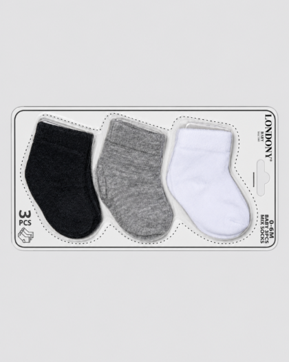 Lot de 3 paires de chaussettes bébé noir, gris et blanc – Londony (0–6 mois)