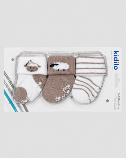 Lot de 3 paires de chaussettes bébé beige et blanc à éléphant, mouton et rayures – Kidilo (0–6 mois)