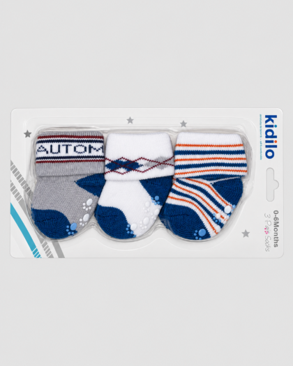 Lot de 3 paires de chaussettes bébé gris, blanc et marine à rayures – Kidilo (0–6 mois)