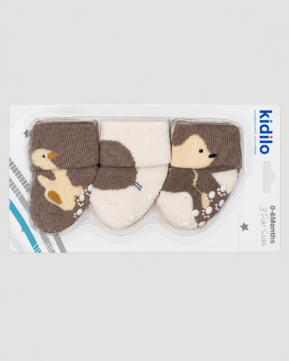 Lot de 3 paires de chaussettes bébé beige et blanc à girafes – Kidilo (0–6 mois)