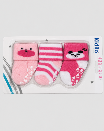 Lot de 3 paires de chaussettes bébé roses à motifs cerise, rayures et souris – Kidilo (0–6 mois)