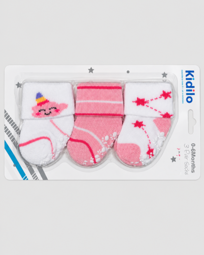 Lot de 3 paires de chaussettes bébé roses et blanches à fées et étoiles – Kidilo (0–6 mois)