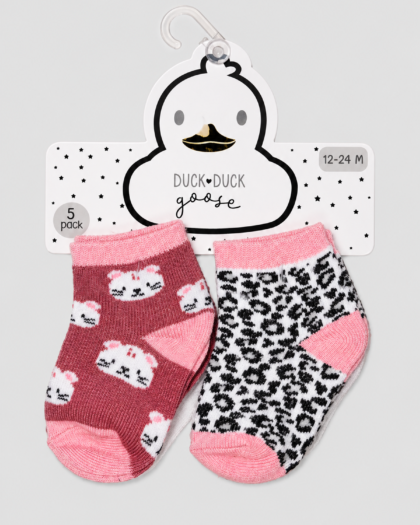 Lot de 5 paires de chaussettes bébé roses à chats et motif léopard – Duck Duck Goose (12–24 mois)