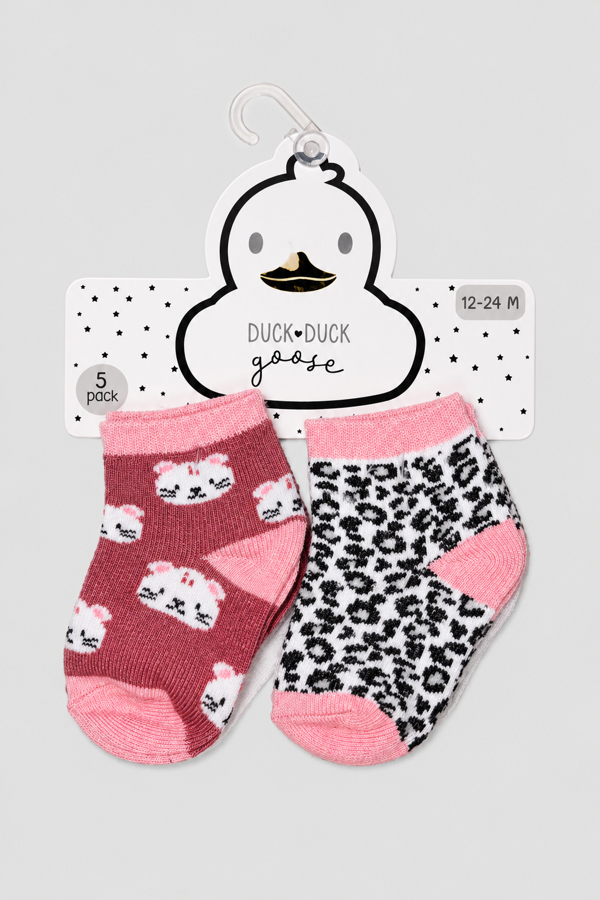 Lot de 5 paires de chaussettes bébé roses à chats et motif léopard – Duck Duck Goose (12–24 mois)