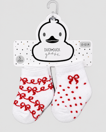 Lot de 5 paires de chaussettes bébé blanches à nœuds et pois rouges – Duck Duck Goose (0–12 mois)