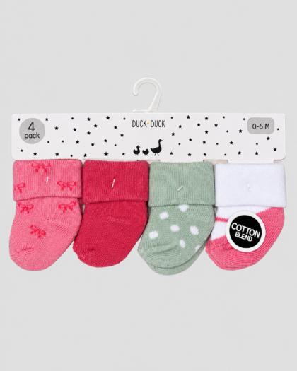 Lot de 4 paires de chaussettes bébé roses, rouges et vertes à petits motifs – Duck Duck Goose (0–6 mois)