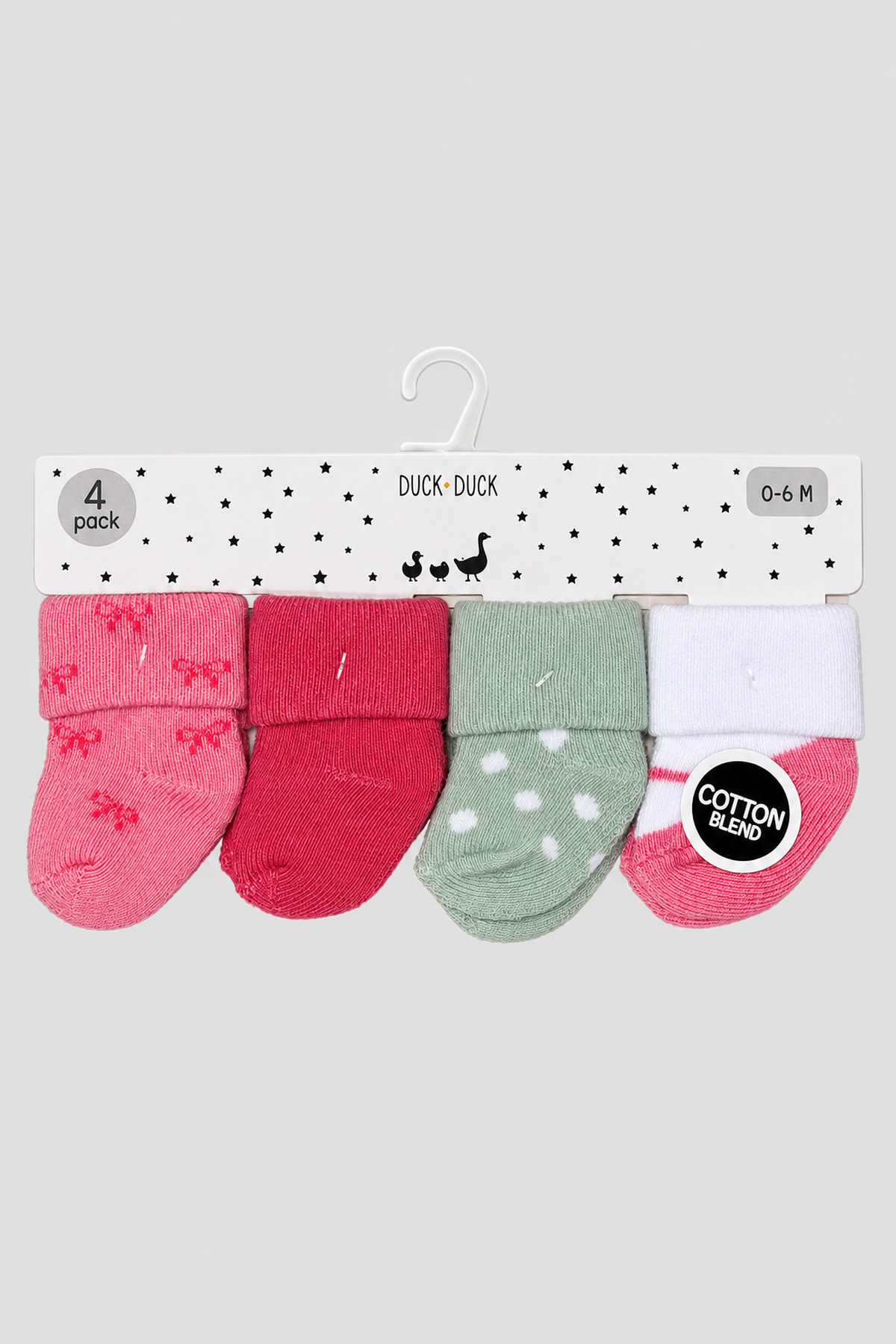 Lot de 4 paires de chaussettes bébé roses, rouges et vertes à petits motifs – Duck Duck Goose (0–6 mois)