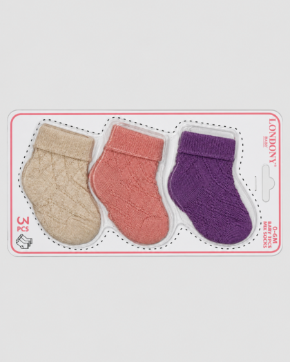 Lot de 3 paires de chaussettes bébé beige, rose poudré et violet – Londony (0–6 mois)