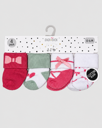 Lot de 4 paires de chaussettes bébé roses et vertes à nœuds – Duck Duck Goose (0–6 mois)