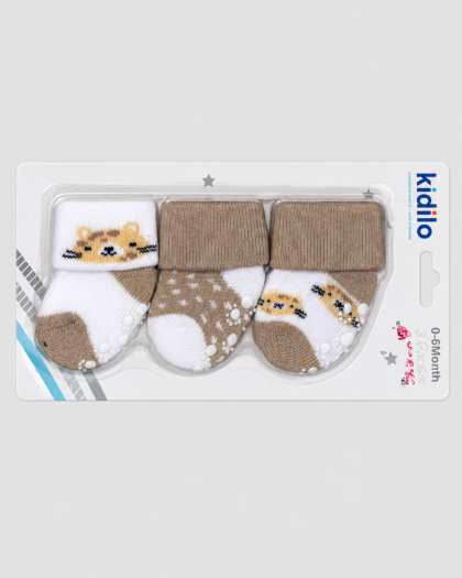 Lot de 3 paires de chaussettes bébé beige et blanc à motifs tigres – Kidilo (0–6 mois)