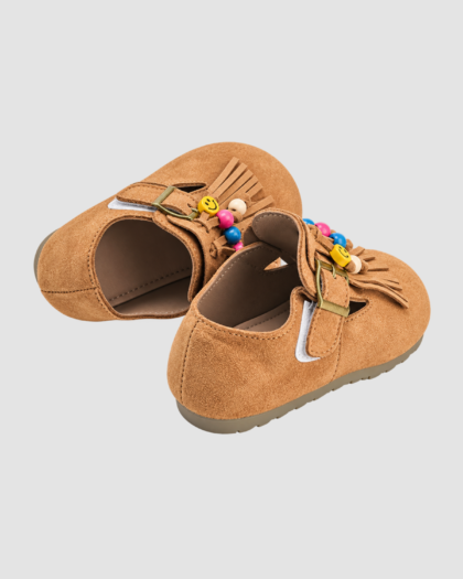 Chaussures pour fille camel à franges et perles multicolores : paire