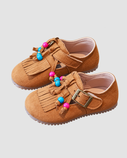 Chaussures pour fille cognac à franges et perles
