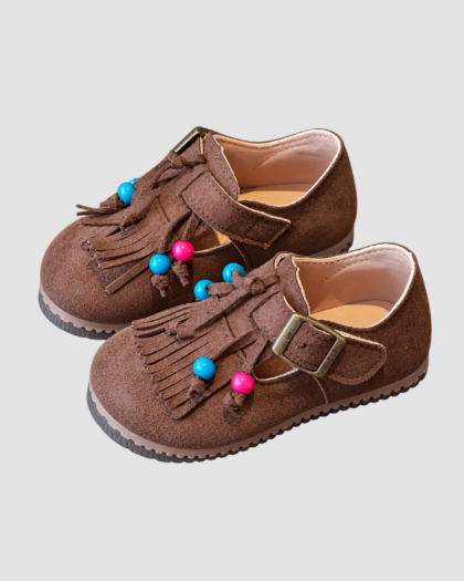 Chaussures pour fille marron à franges et perles