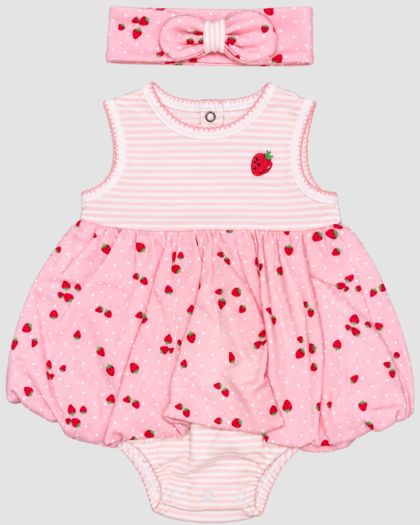 Ensemble bébé fille robe-body rose à fraises et bandeau – Little Me (3 et 9 mois) – vue d’ensemble