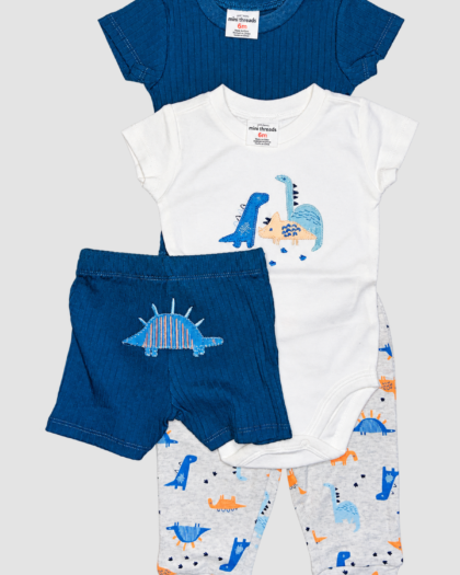 Ensemble bébé Petit Lem 4 pièces à dinosaures : T-shirt bleu marine, body blanc, short et pantalon imprimé
