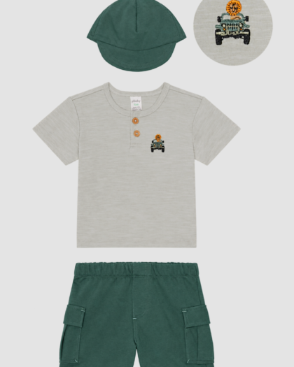 Ensemble bébé Petit Lem safari : haut clair à motif lion, short cargo vert et casquette verte